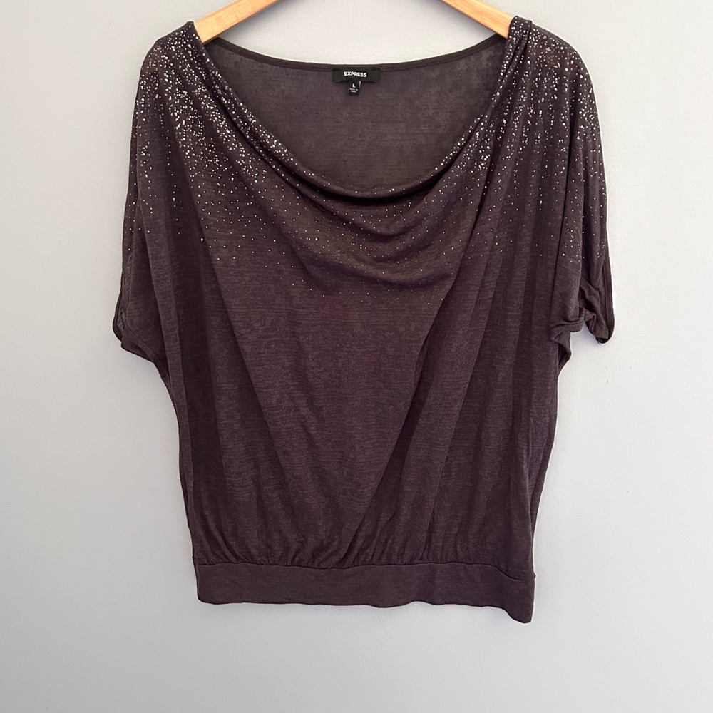 Express Y2K Shimmery Brown Cowl Neck Short Sleeve Top Size Large